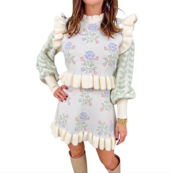 Mable Dresses & Skirts - MABLE Floral Knit Ruffle Sweater Dress Puff Sleeves Cottagecore M